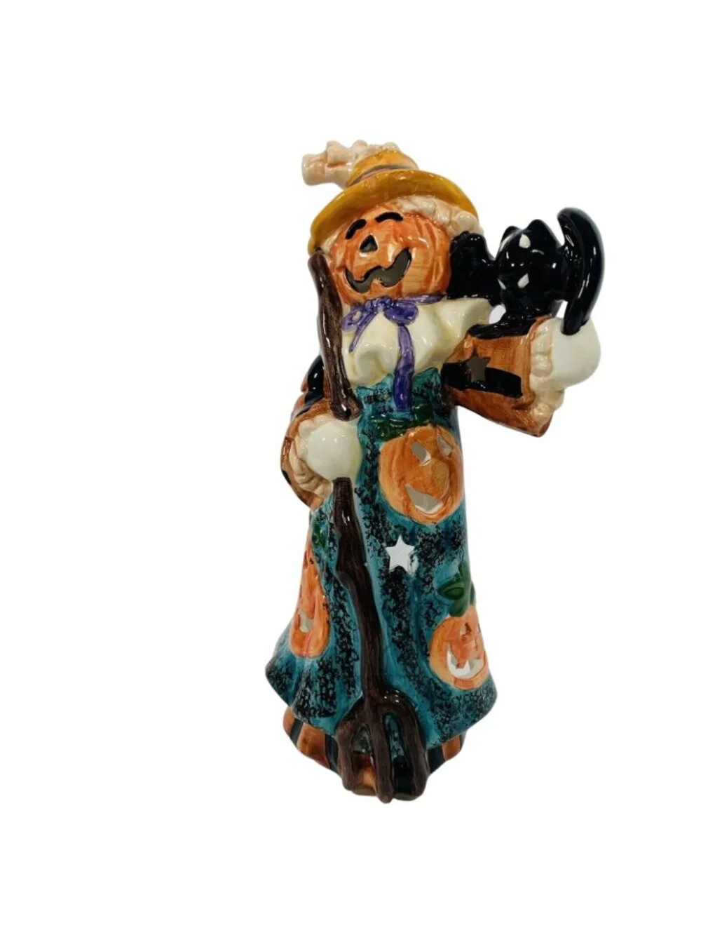 Halloween Pumpkin Scarecrow Tea Light Holder VTG Spooky Ceramic Figurine Ghost